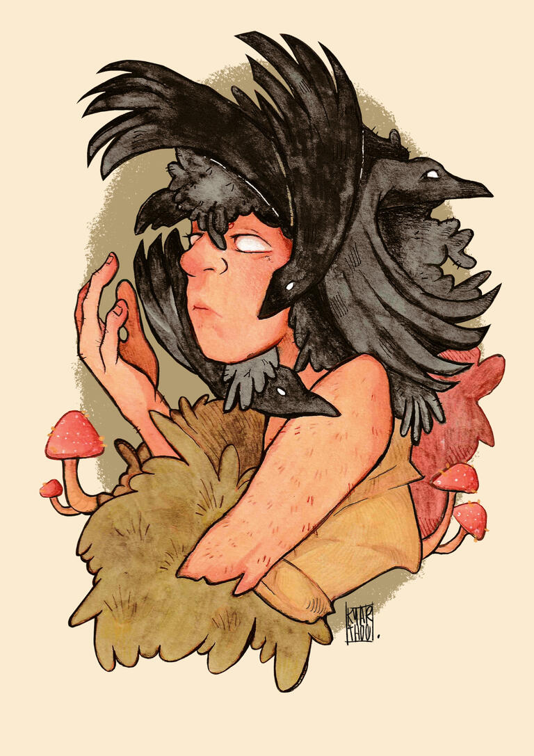 design de personagem: cabelo de corvos, ilustração digital