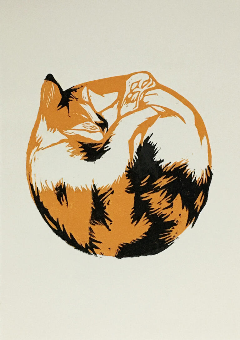 gato calico, linoleogravura